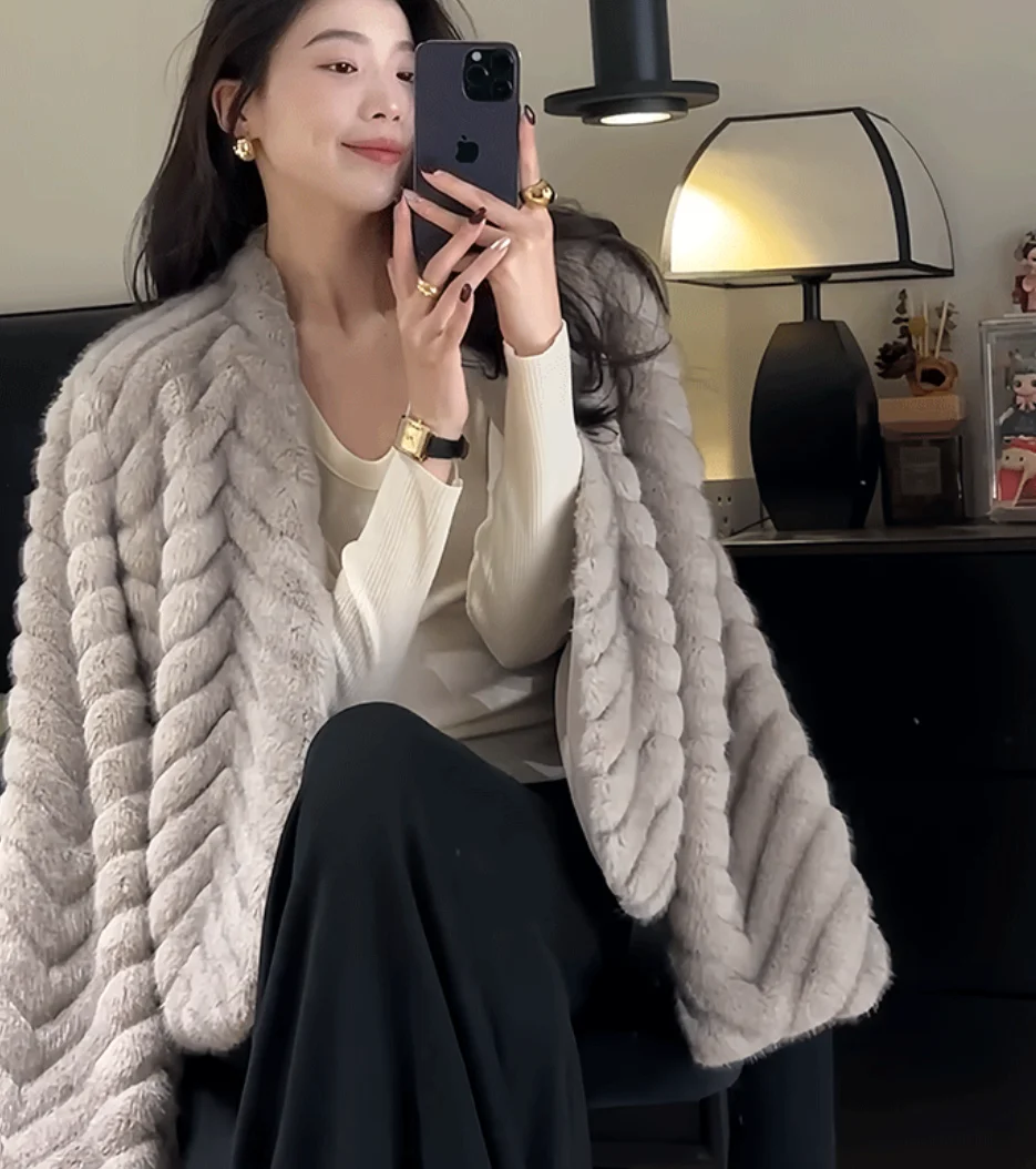 Elegant V Neck Herringbone Short Faux Mink Fur Jacket Women Long Sleeve Plush Jackets Woman Autumn Winter Fluffy Warm Outerwear