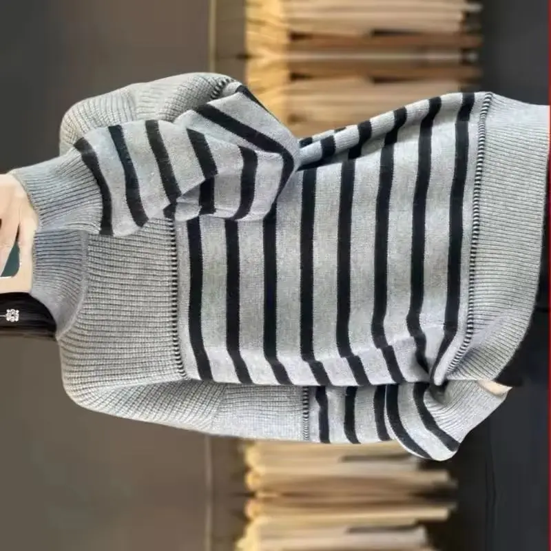 

2026 полувысокое модное полосатое вязаное корейское женское большое вязаное пальто весна-осень женский модный пуловер-свитер куртка