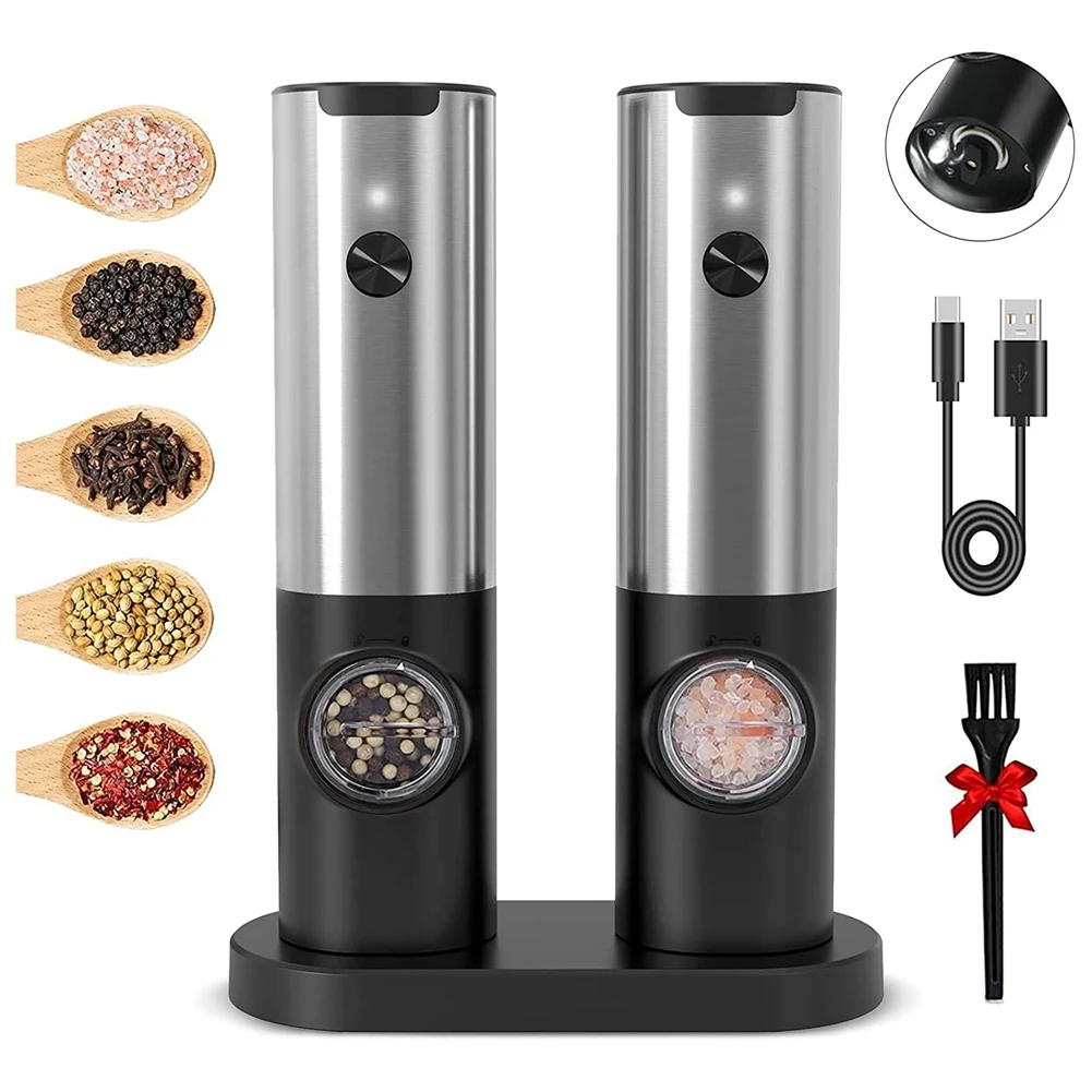 

Rechargeable Electric Salt and Pepper Grinder Set with Double Charging Base, USB Cable, Automatic Salt Pepper Grinder