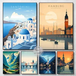 Retro Travel City Norway Amsterdam Prague Paris Ireland Art Poster Canvas Painting Wall Prints Picture for Room Home Decor