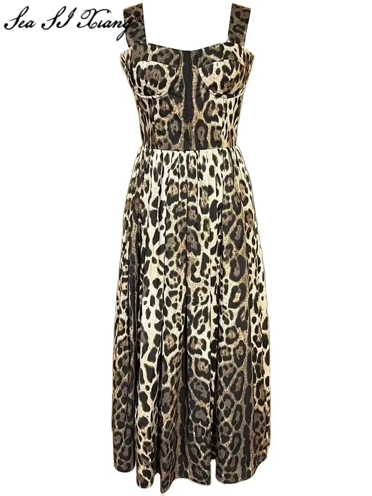 

Seasixiang Fashion Designer Summer 100% Cotton Dress Women's Spaghetti Strap Sleeveless Leopard Print Vintage Backless Dresses