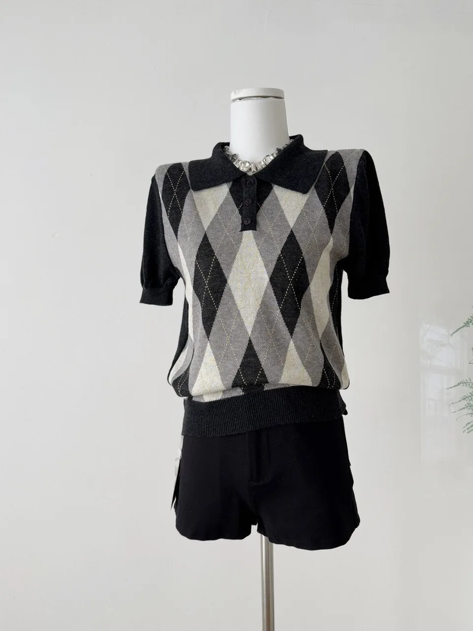 

Retro American Beau College Sle ort Sve Ne Knitted Top Women Casual Versatile Polyester Fiber Base irt