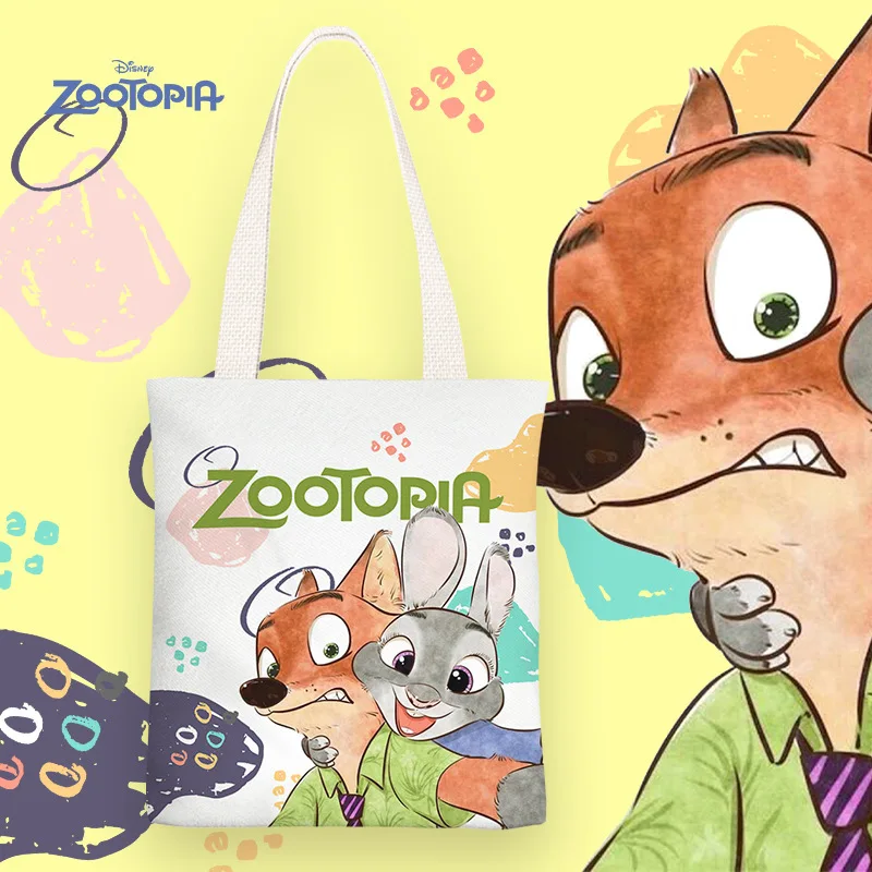 Disney Judy Hopps & Nick Wilde Canvas Bag Large Capacity Cartoon Student Shoulder Bag Portable Environmentally Friendly Shopping