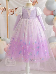 Hot sale new style girls princess dress, round neck, long sleeves, sequins, floral mesh dress, stage performance, party, banquet