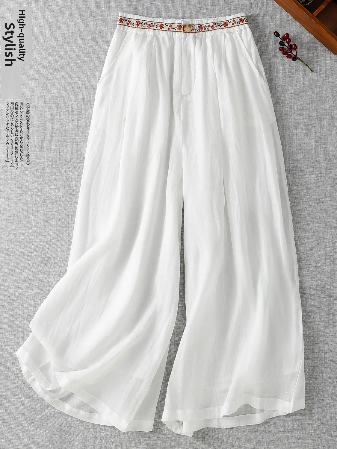 Ele ارتفاع الخصر المطرزة القطن الكتان بنطال ذو قصة أرجل واسعة المرأة الصيف خفيفة الوزن التخسيس فضفاضة يشعر تسع نقاط مستقيم C...