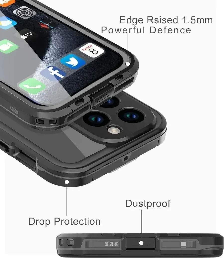 For iPhone 15 14 Plus 13 Pro Max IP68 Waterproof Clear Magnetic Case Shockproof Dustproof Diving Cover Built-in Screen Protector