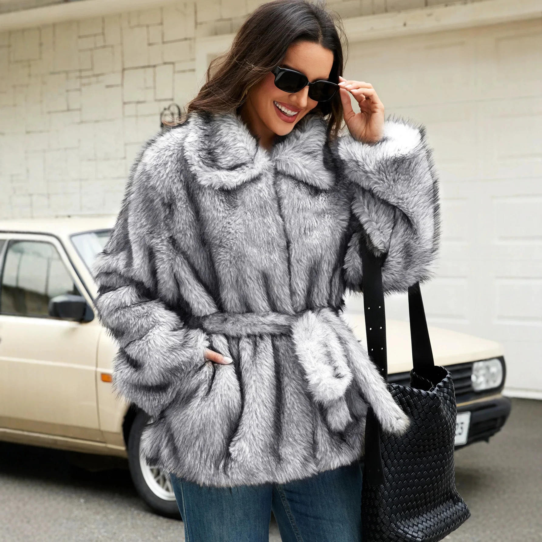 Women Faux Fox Fur Coats Solid Fur Jackets Lace Up Pocket Cotton Linen Turn Down Collar Long Sleeves Casual 2026 Autumn Winter