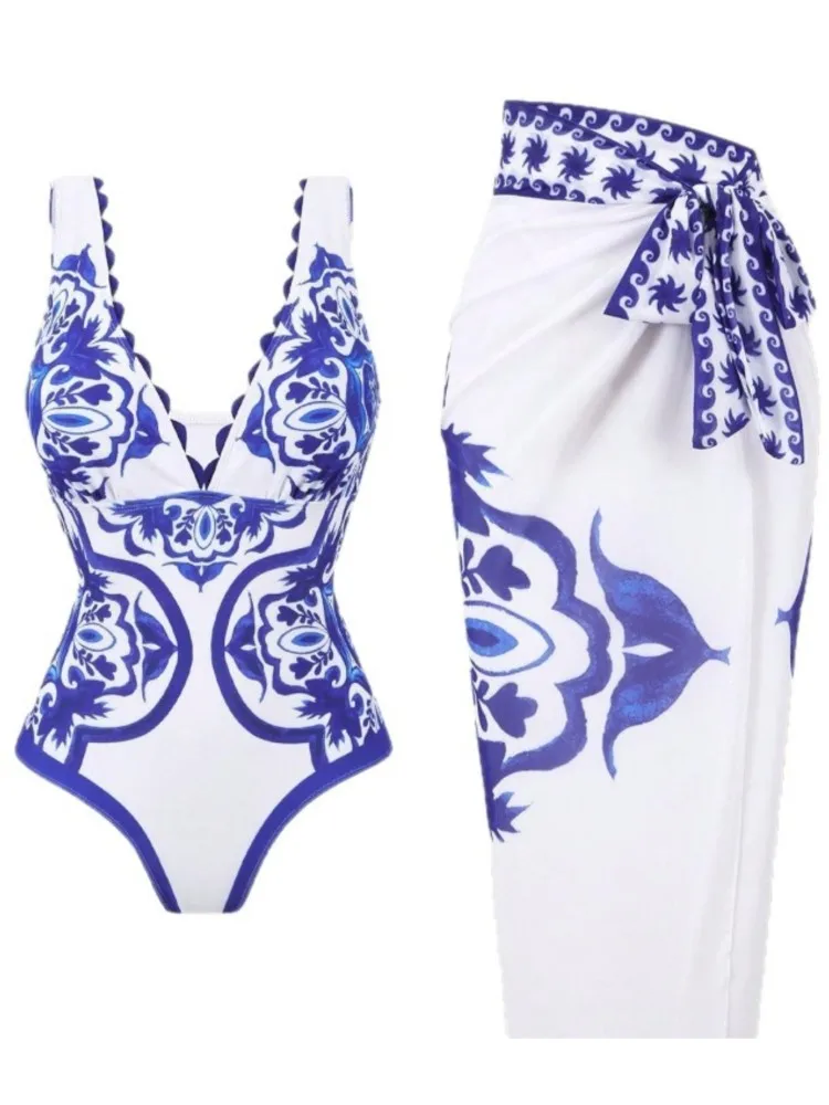 

Retro Bikini Printed Fashion Two Piece Swimsuit And Cover Up With Skirt Tight Women's Bandage Summer Beach Luxury Elegant