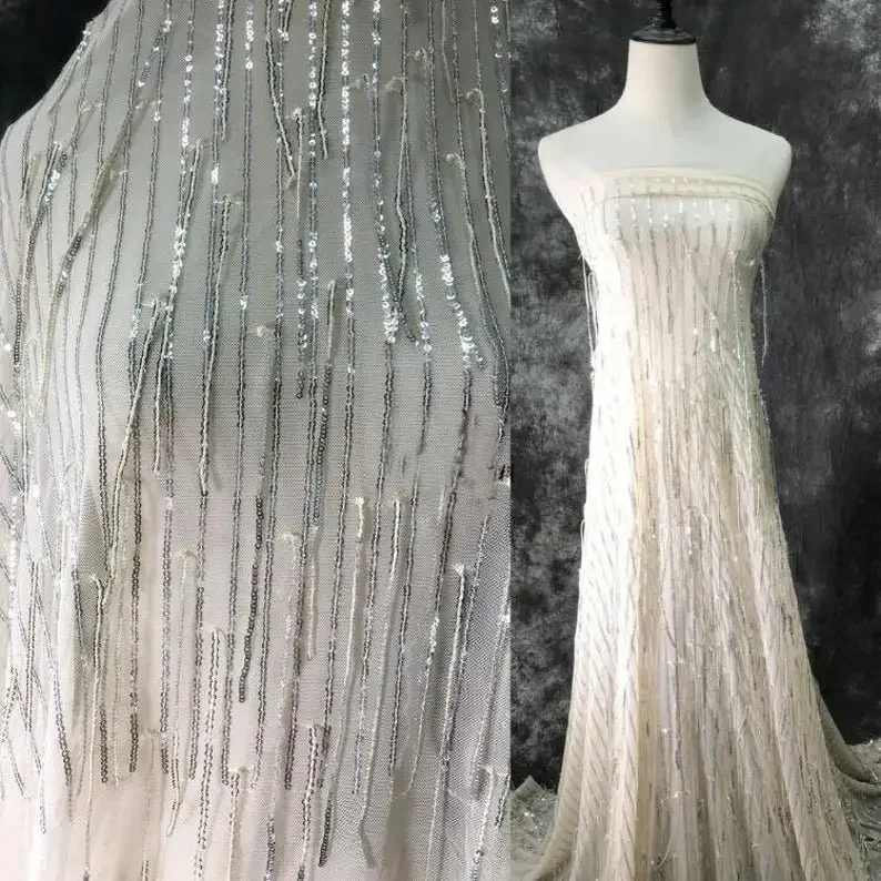 Sequin vertical stripes Lace fabric Tassel sequin embroidery tulle For Girl Dress Tutu Dress Wedding Dress Bridal Veil 1 yard