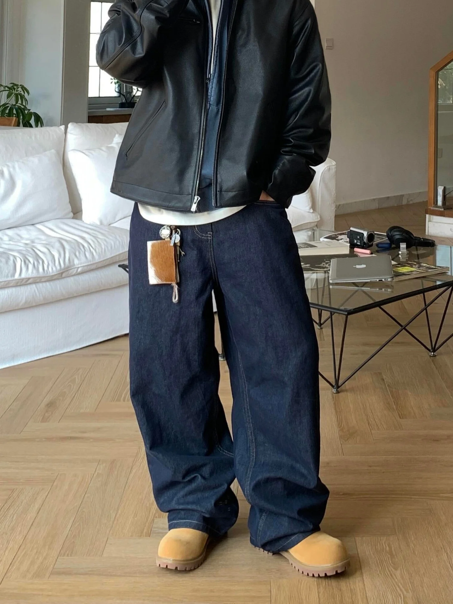 

Retro Loose Wide Leg Men's Jeans Deep Blue Original Denim Straight Casual Long Trousers High Street Vibe American Sle