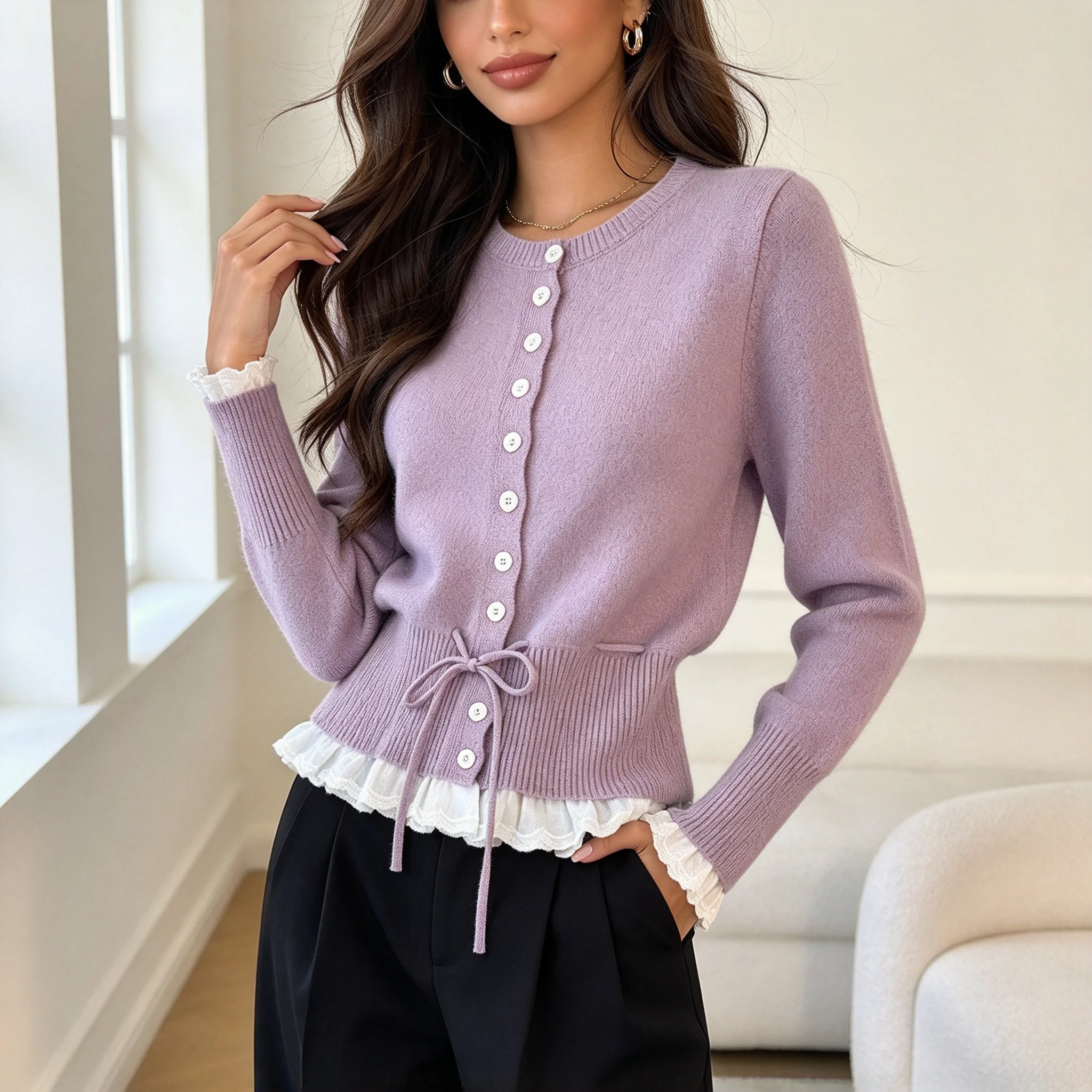 Women Autumn Winter Korean Sweet Contrast Lace Spliced Crew Neck Long Sleeve Knit Cardigan Single Breasted Elegent Top