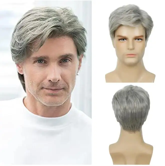 Men's Short Wavy Wigs Synthetic Ombre Silver Gray Fluffy Layered Haircut Hair Wig for Daily Party Cosplay