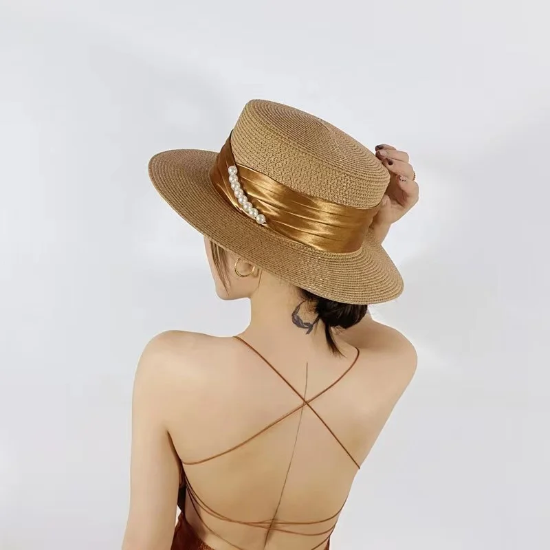 2025 Summer French Elegant Beach Straw Hatsfor Women Visor Fitted Hat Brim Jazz Travel PearlFemale Casual Panama Hat Suncap