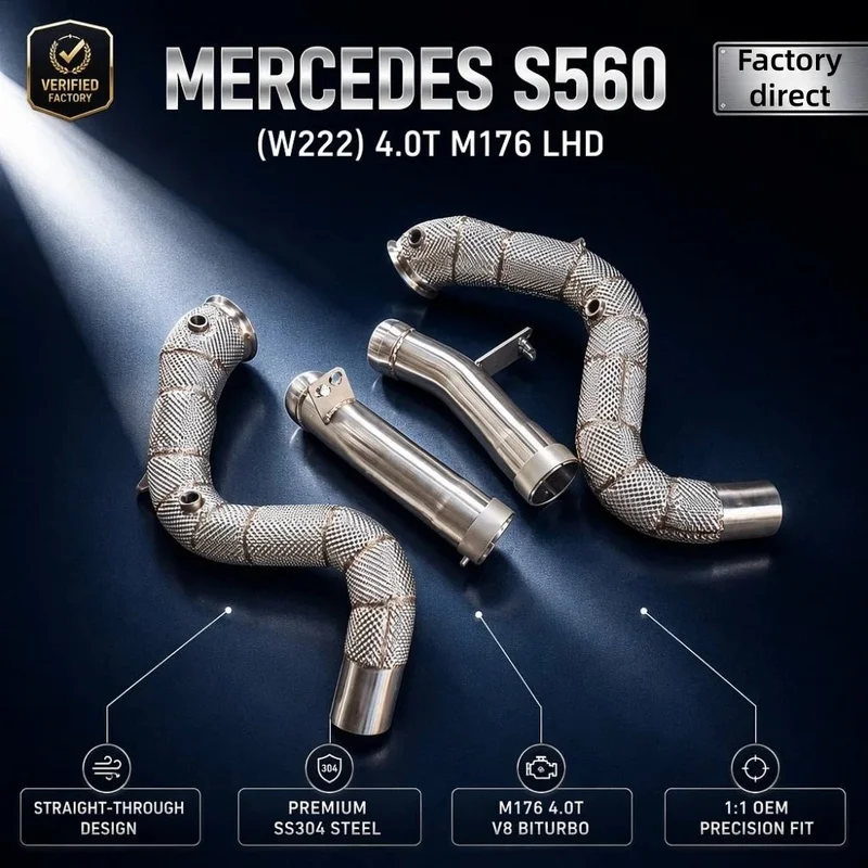 Straight-Through Downpipe Exhaust Head for Mercedes-Benz S560 W222 4.0T M176 V8 LHD SS304 Dumppipe Exhaust Pipes 1:1 OEM Fitment
