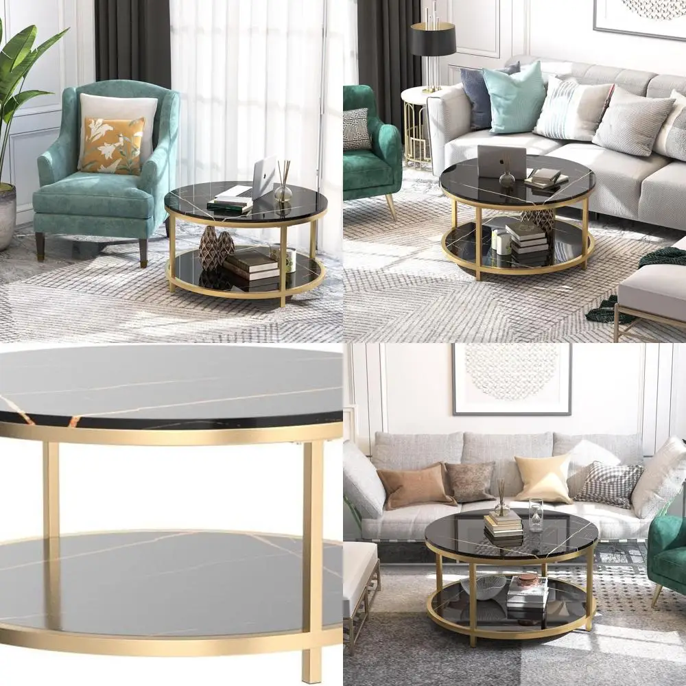 

Современный круглый журнальный столик со столешницей из искусственного мрамора и золотым металлическим каркасом, диаметр 33,5, коктейльный столик для хранения в гостиной