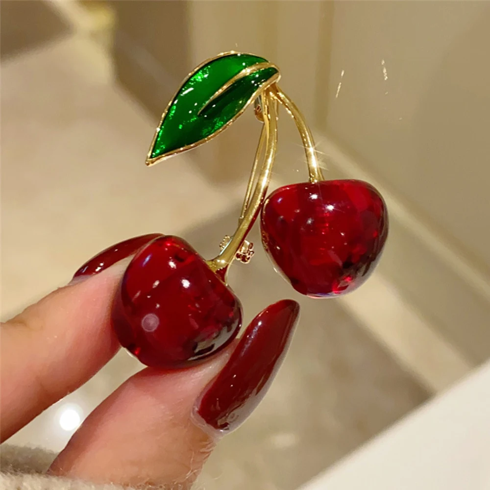 Red Rhinestone Gold Color Cherry Brooches for Women Unisex Enamel Pins Office Party Collection Friends Gifts Accessories