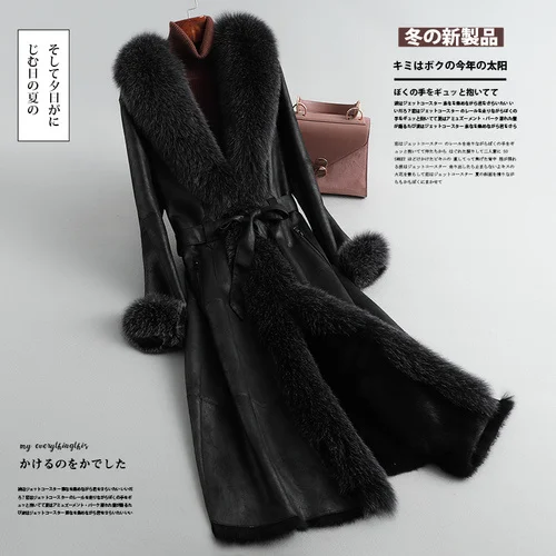 Real Fur Winter Coat Women\'s Genuine Leather Jacket Natural Rabbit Fur Coats Big Fox Fur Collar Long Real Leather Jackets