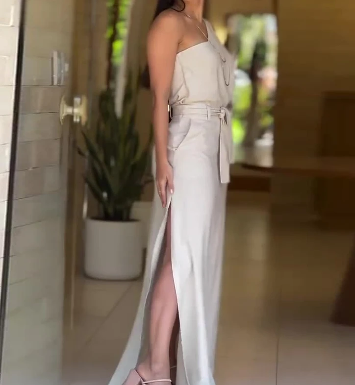 Fashion Two Piece Skirt Sets Women 2024 Solid Color One Shoulder Slanted Collar Sleeveless Top Casual High Waisted Skirt Set