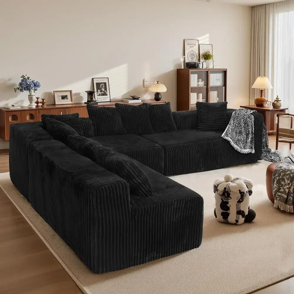U/L Shaped Deep Seat Chaise Sofa with High Density Foam and Corduroy Sleeper Sofa Bed, 8 Pillows, No Assembly