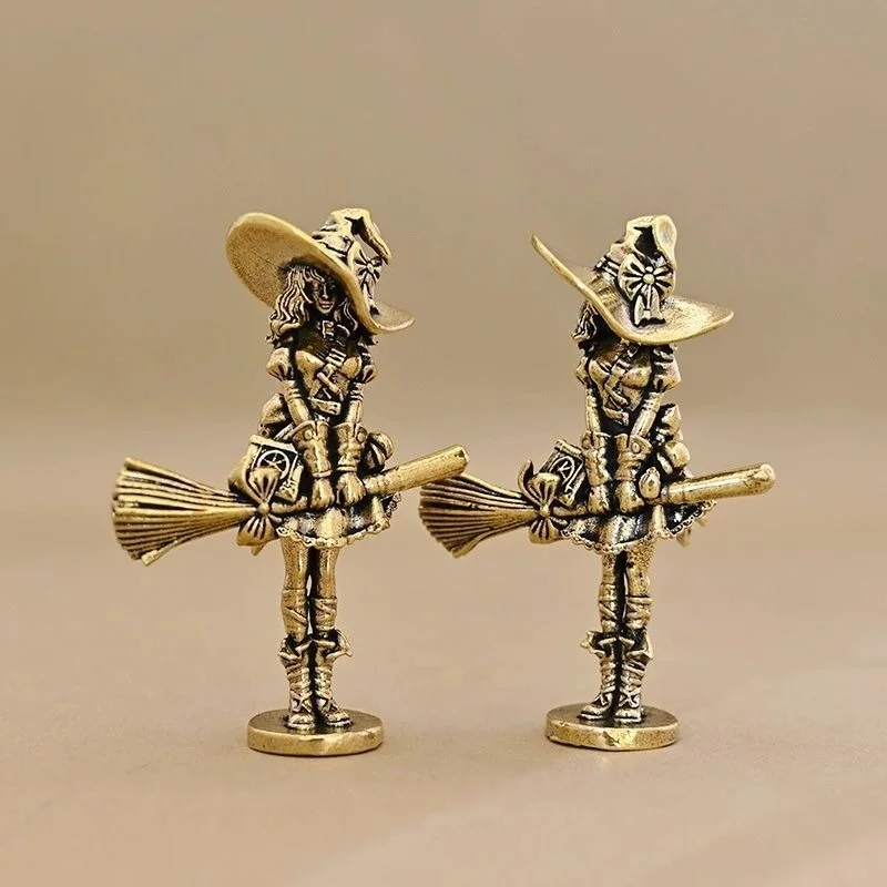 Copper Ornament Witch Girl on Flying Broom Vintage Solid Brass Decorative Desktop Copper Ornament DIY Home Decor