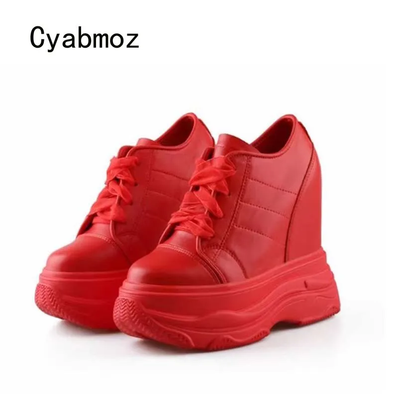 Cyabmoz New height increasing sneakers women high heels 14 cm lace up platform ladies casual shoes genuine leather wedges pumps