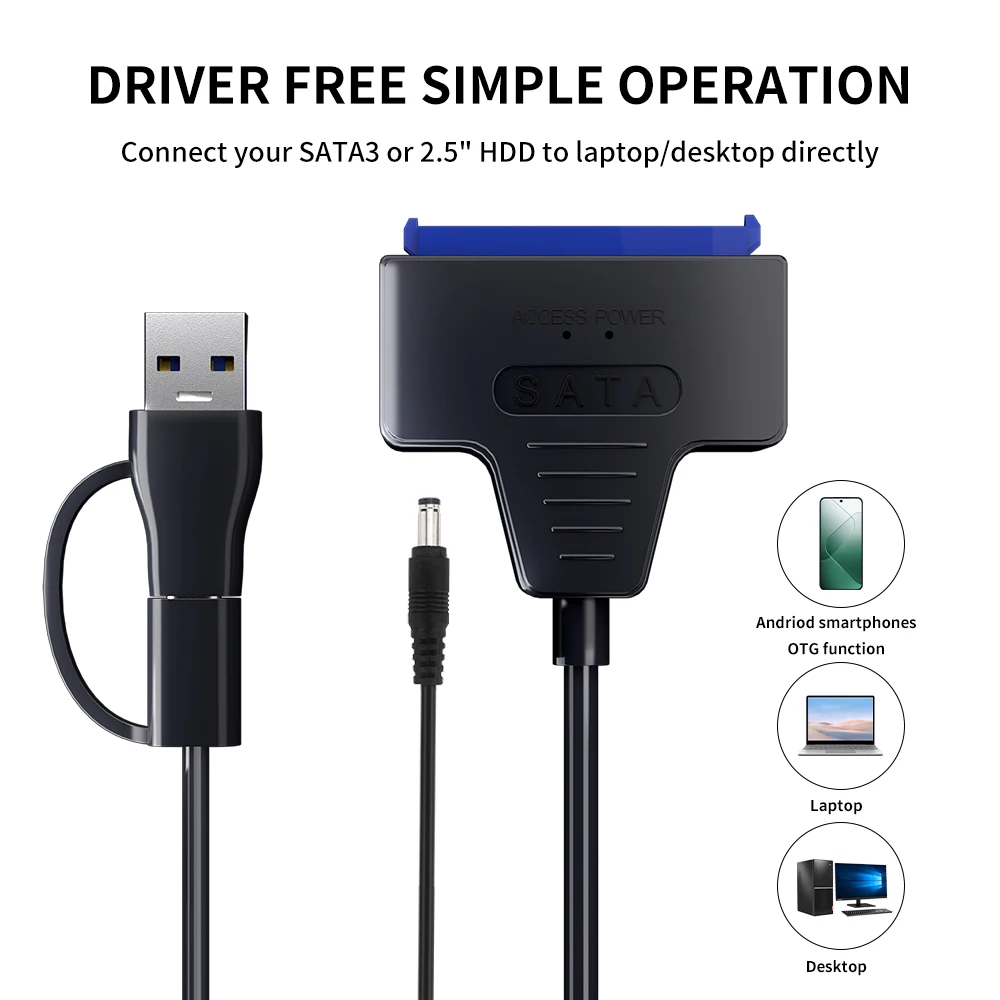 USB 3.0 to SATA/Type-C Adapter Sata Cable 2.5/3.5 Inch SSD HDD SATA III Hard Drive Disk with 12V/2A Power Adapter