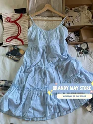 Blue Floral Embroidery Mini Dresses Women Summer Elegant Buttons Ruffles Lace-up Short A-line Dress Sweet Cute Vintage Vestidos