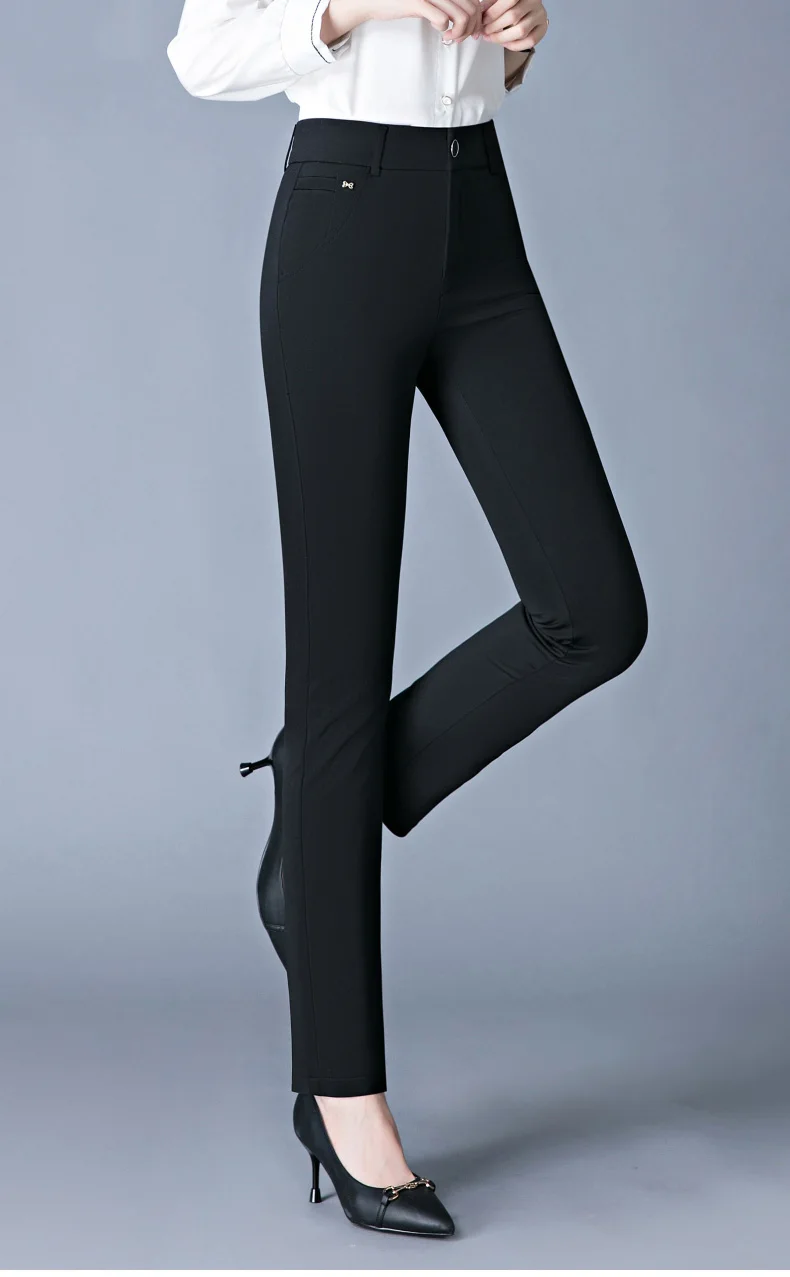 7XL Spring Autumn Casual Button Elastic Mid Waist Black&Navy Blue Straight Trousers Office Lady Quick Drying Suit Pants Female