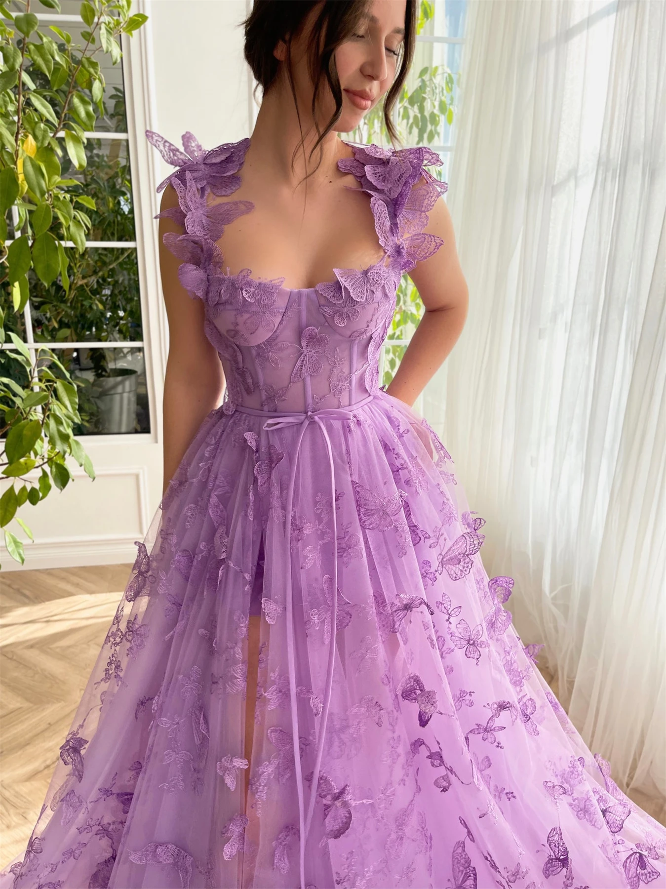 Lilac-3D Vestido De Noite De Borboleta, Spaghetti Straps Lace, Vestidos De Baile, Linha A, Fenda Alta, Lace Up, Vestido De Fada, 2024