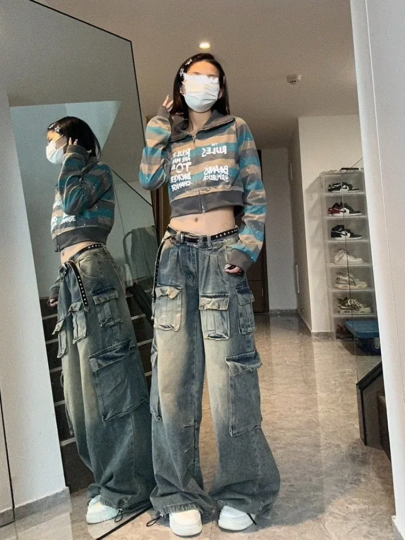 Multi-pocket Design High-street Cargo Pants Women Wide-leg Trendy Washable High-waisted Jeans Women Y2k Baggy Streetwear Women
