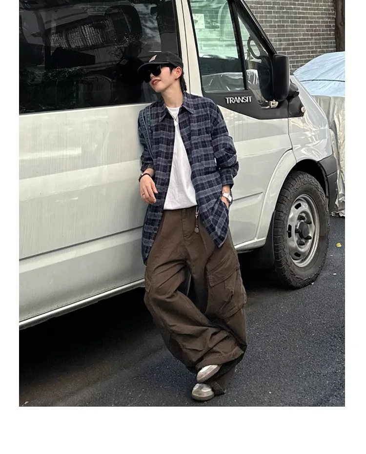 Pantaloni cargo in denim lavato vintage da uomo, jeans larghi dritti da donna in puro cotone con tasca grande, pantaloni Y2K in tinta unita