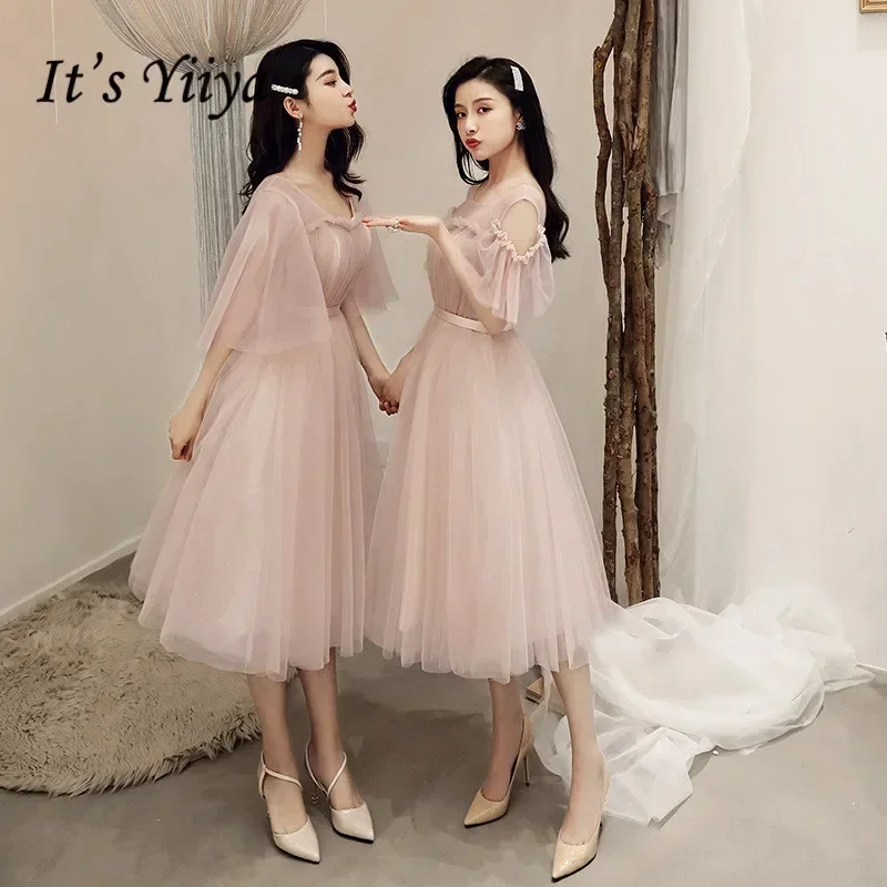 Itu Yiiya disesuaikan pengiring pengantin gaun Pink Tulle lengan pendek A-line Vestidos Tea-Length Plus ukuran wanita pesta gaun Formal R285