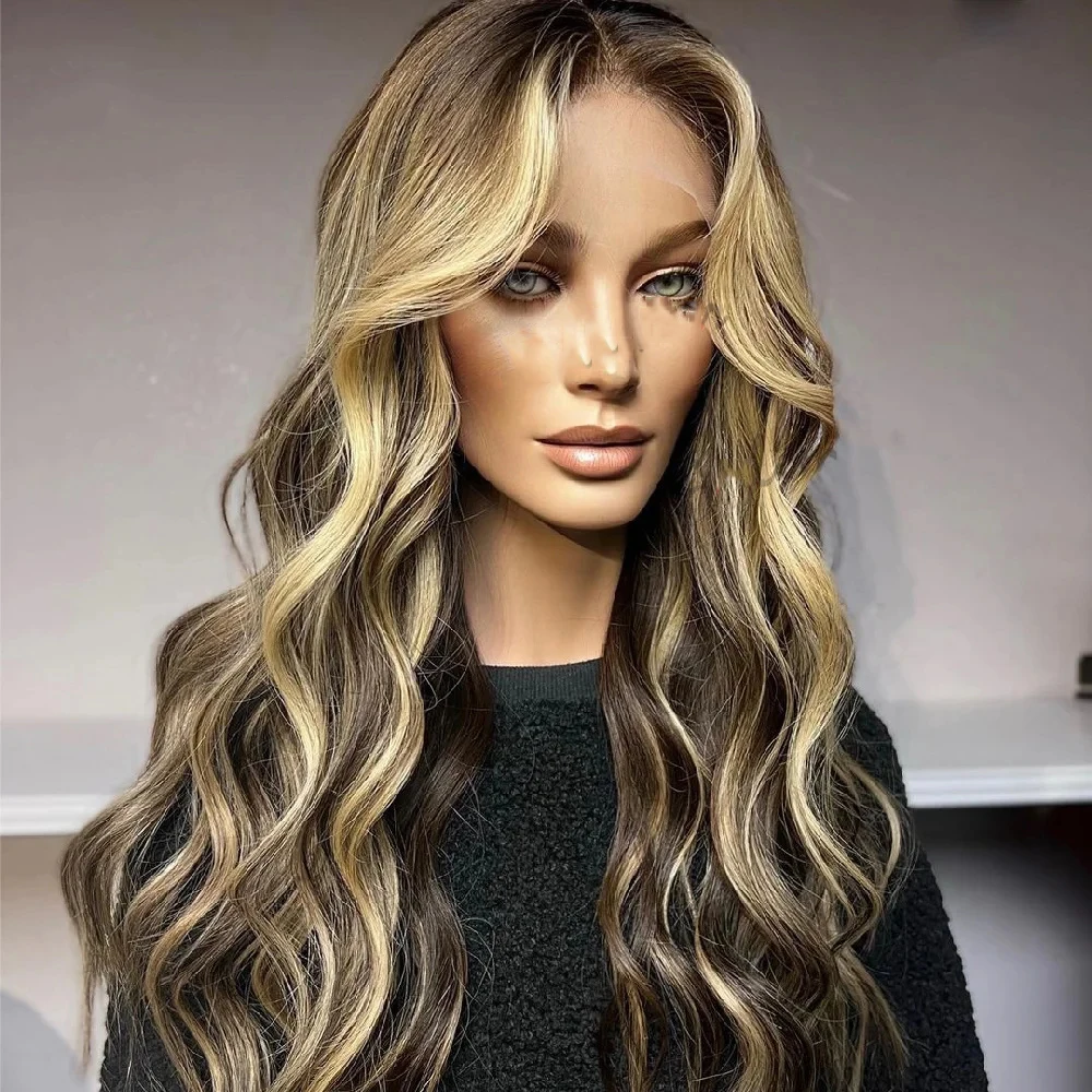 

Парик медового блондинка, синтетический парик спереди с бликами для женщин, высокотемпературное волокно HD, кружевные вьющиеся парики с темными корнями