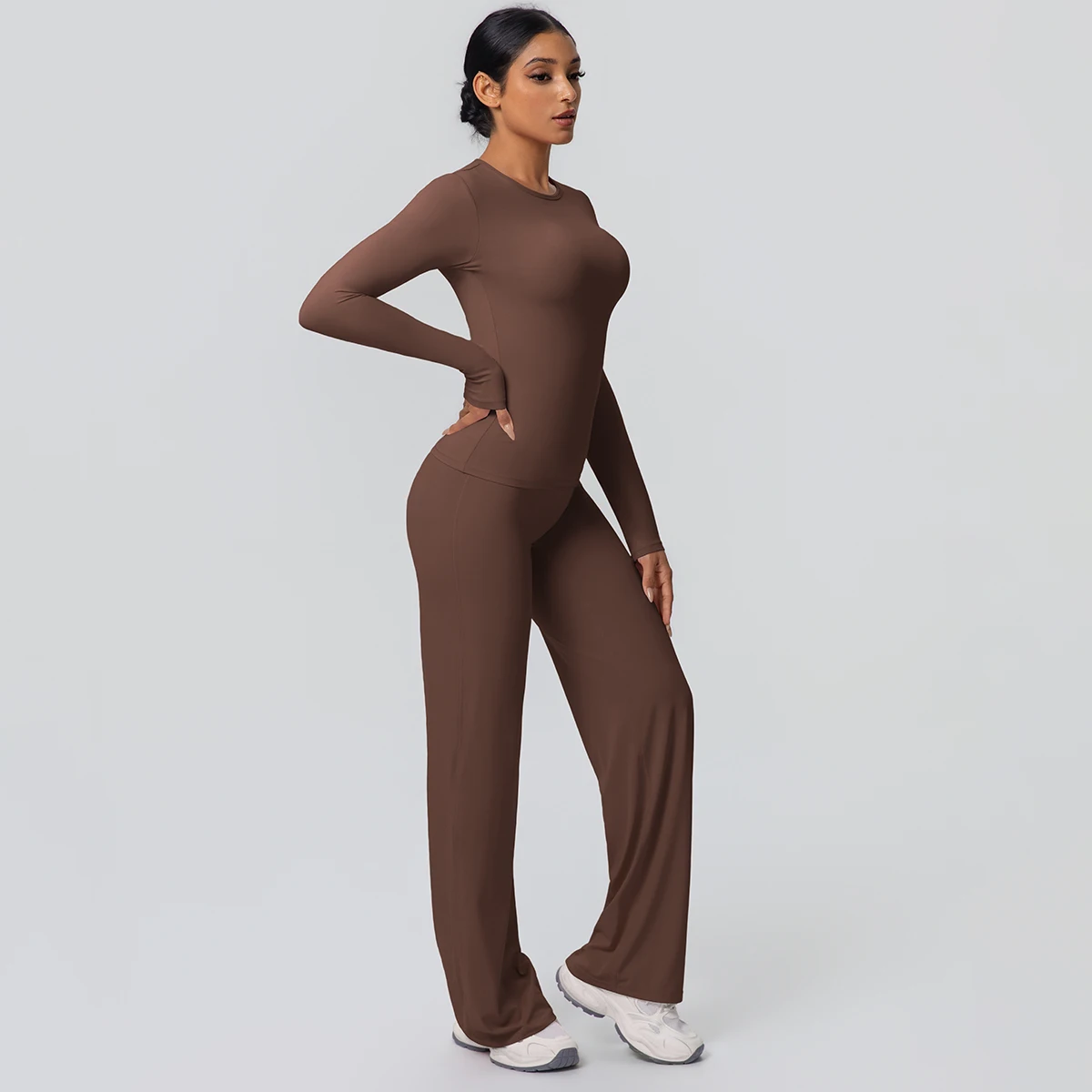 2 stück Frauen Gym Yoga Set Lauf Shirts Schlank Lange Ärmel Workout Top Schnell Trocknend Hohe Stretch Breite Bein Hosen dünne Yoga Set – Detail 10