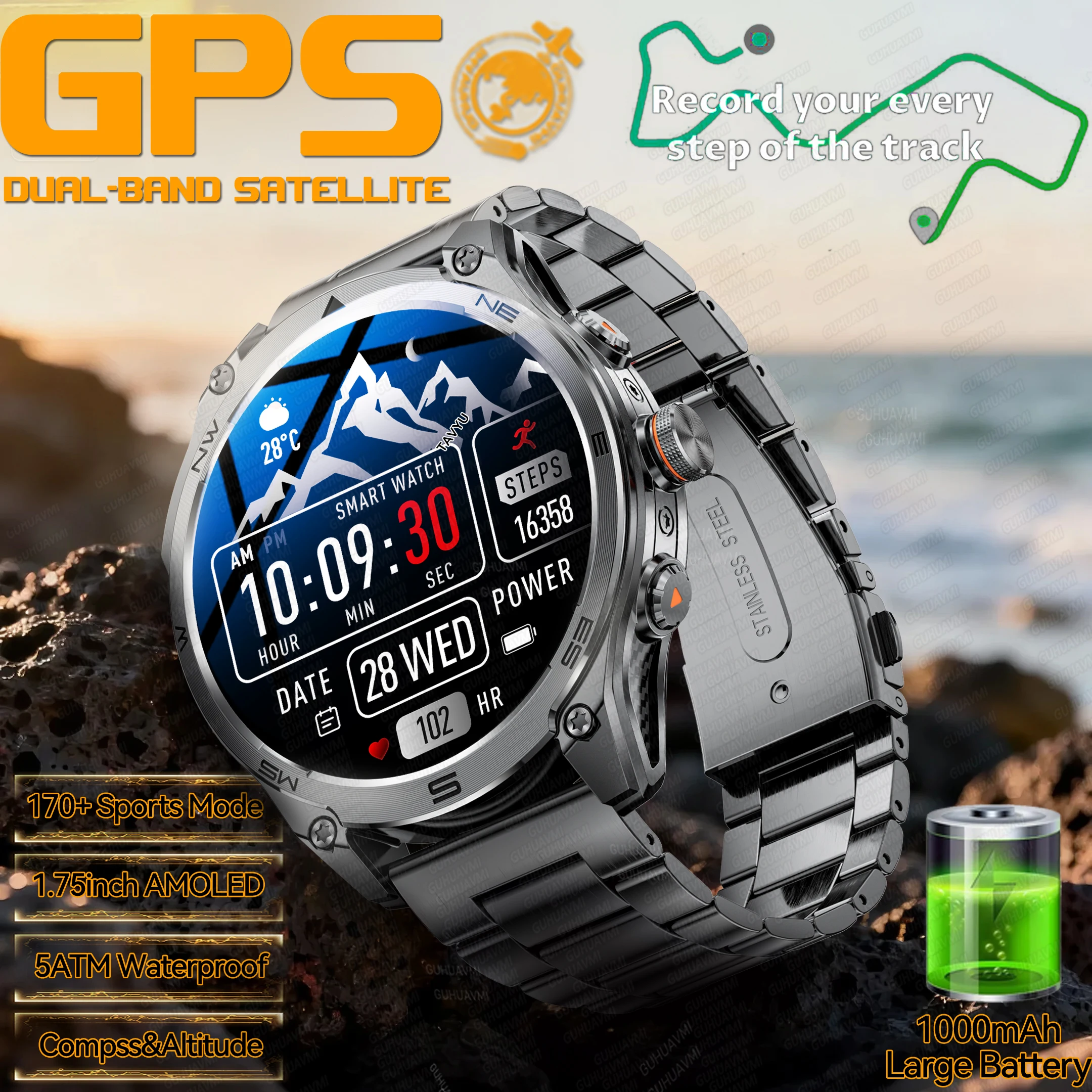 2025 جديد نظام تحديد المواقع SmartWatch الرجال 1000Mah بطارية البوصلة 5ATM مقاوم للماء تكتيكات الرياضة مصباح يدوي BT دعوة ساعة ذكية لنظام IOS أندرويد