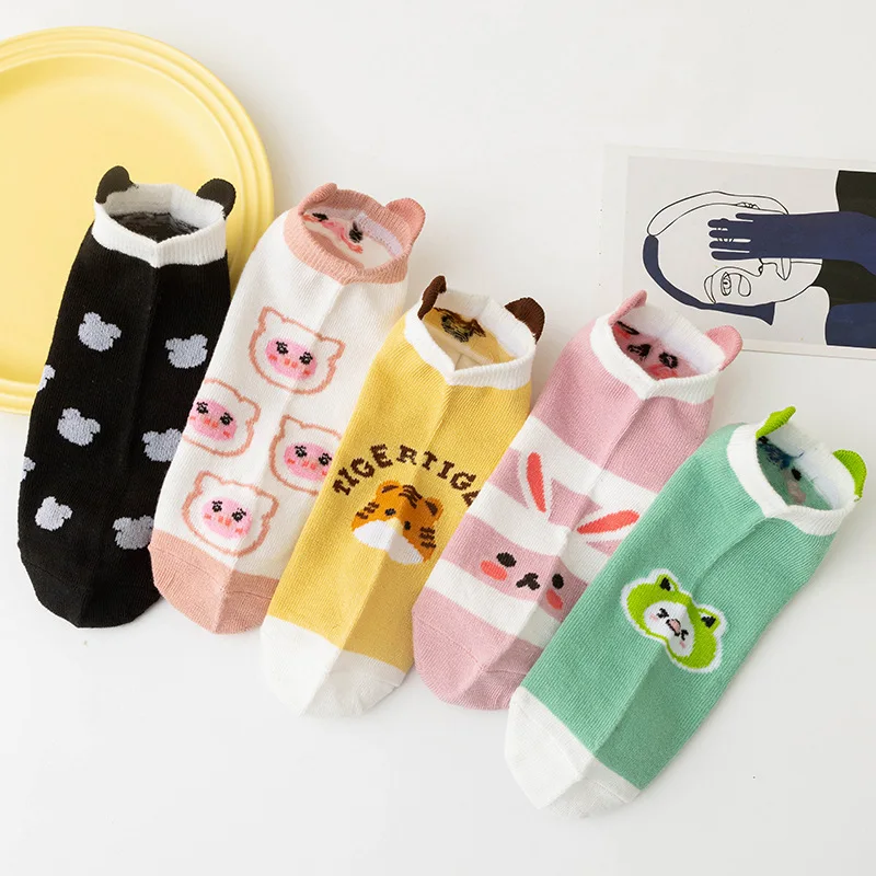 Meias curtas invisíveis para mulheres, meias fofas de animais cartoon, tornozelo cutesox para menina, Coreia japonesa Harajuku, moda engraçada, primavera e verão, 5 pares