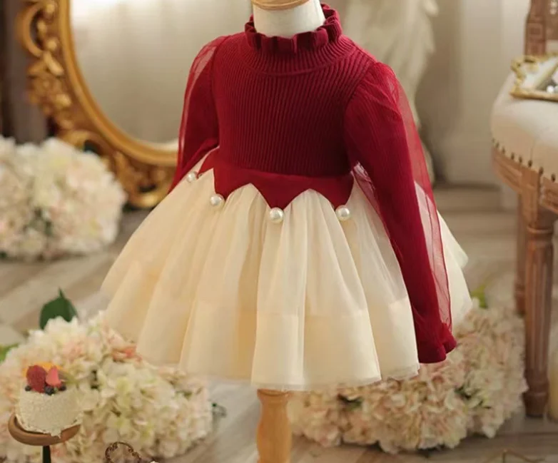 Retail New Baby Girls Winter Sweater Dress , Princess Kids Elegant Party Birthday Dress 2-6T