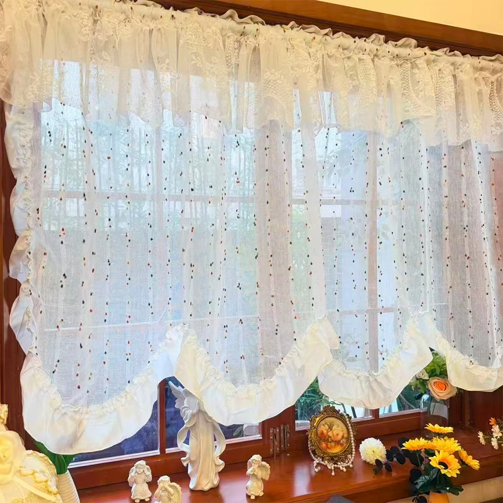 Dekorativer Voile-Vorhang mit Wellensaum und Perlenstickerei, keine Spannstange installiert, INS Trend-Raumteiler für Schlafzimmer und Wohnzimmer