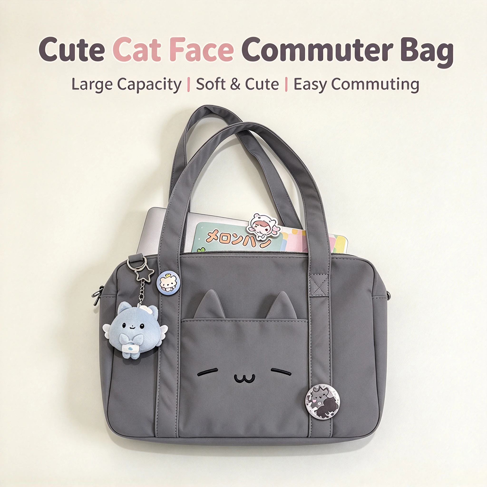 Kawaii Korean-style Bag INS Cat Face Design Gray Tote Bag Everyday Commuting Versatile Large-Capacity Shoulder and Crossbody Bag