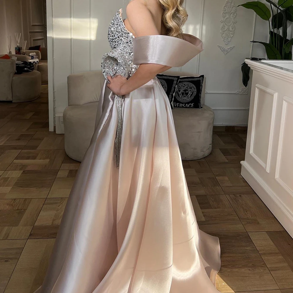 Fashion A-Line Floor Length Strapless Off the Shoulder Jersey Sleeveless Crystal Evening Dress Modern Photo Color فساتين سهرة