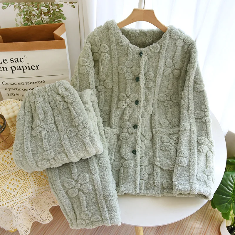 

New Model Women's Pajamas Set Coral Fleece Autumn Winter Warm Thicken Flannel Sleepwear Comfortable Homewear Cozy Loungewear