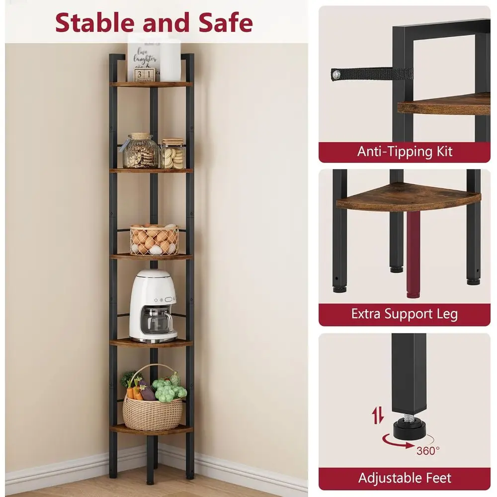 5-Tier 66.5 Industrial Style Corner Ladder Shelf - Rustic Brown, Multi-Use for Home, Office