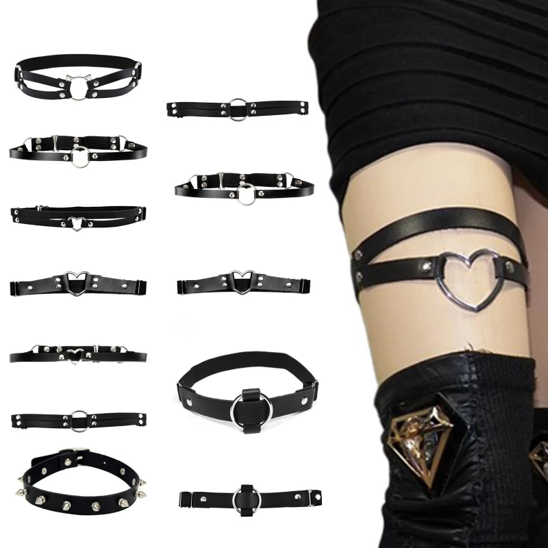 Elastic PU Leather Leg Harness Garter Belt with Alloy Decor Gothic Thigh Chain Dropship