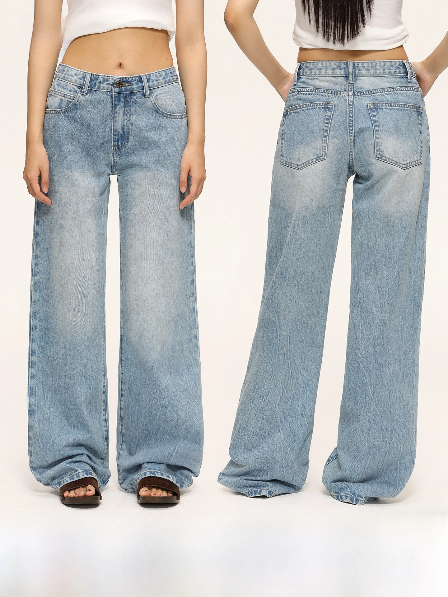 

Anna Aneae High Waist Wide Leg Jeans Women's Light Blue Summer Vintage Draped Slim Straight Floor-Length Pants