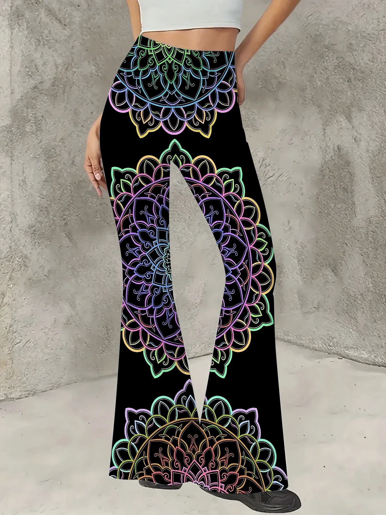 

Korean Style Printed Flare Pants Women High Waist Slim Fit Bell Bottom Leggings