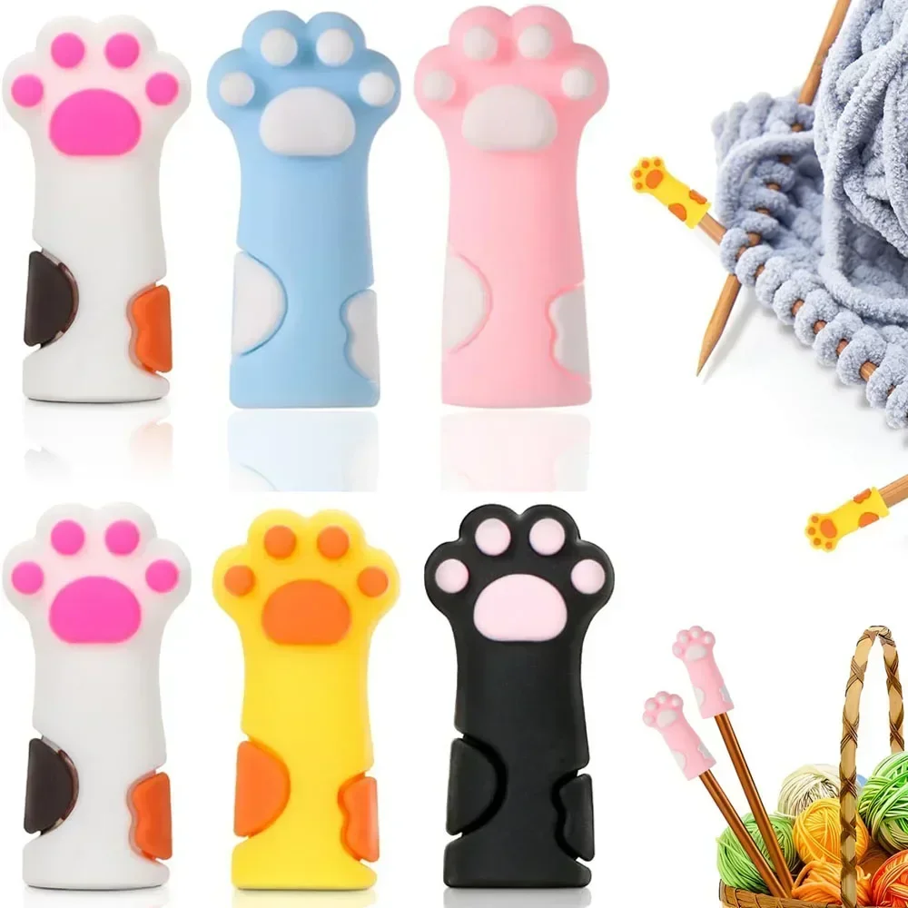 6 stücke Nette Katze Pfote Stricken Nadel Stopper Nadeln Punkt Silikon Protector Anti-verschütten Kappe DIY Weben Werkzeug Nähen zubehör