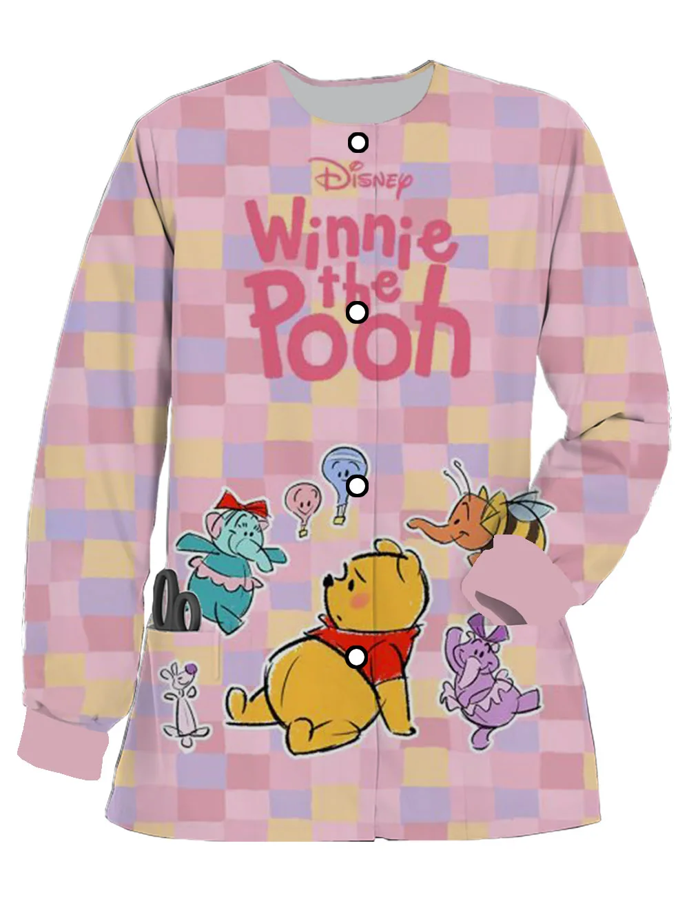 New Disney Bear Print Spring and Autumn Women's Long-sleeved Frosted Nurse Suit Button Pocket Cardigan Dentist Work Suit