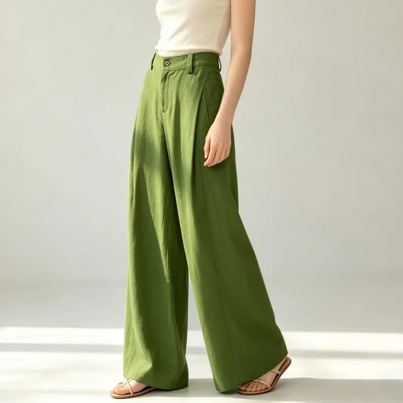 Turquoise Green Tencel Linen Wide-leg Pants for Women High-waisted Breathable Straight-leg Pants for Summer Relaxation Fashion