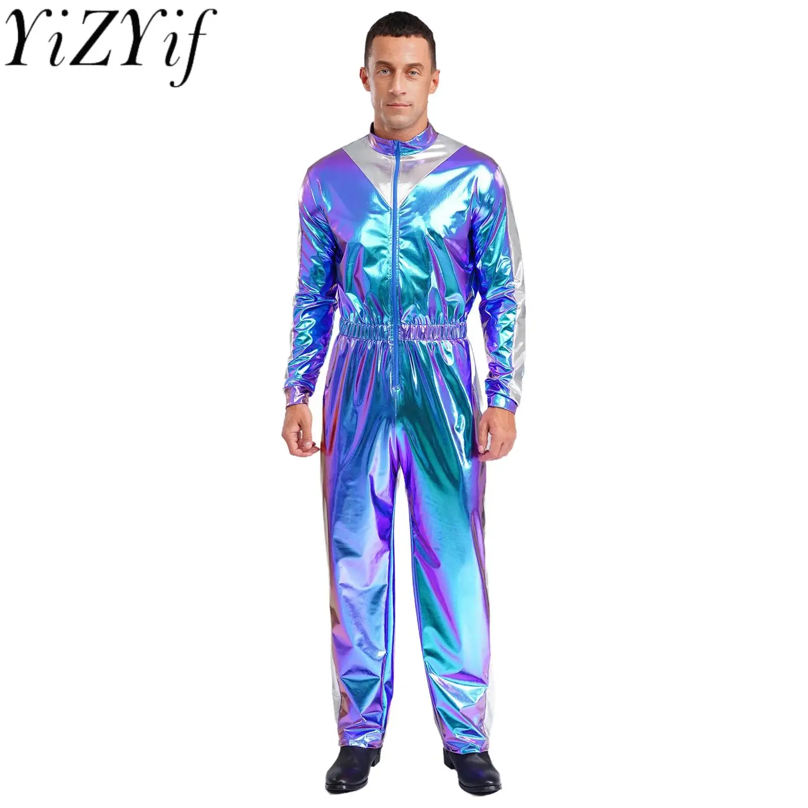 

Men Halloween Astronaut Outer Space Cosplay Bodysuit Long Sleeves Elastic Waist Jumpsuit for Party Club Halloween Carnival Wear