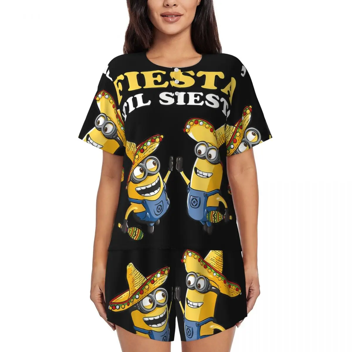 

Cartoon Animation Minions Pajamas Set Women Short Sleeve Sleepwear Loungewear 2 Piece Pjs